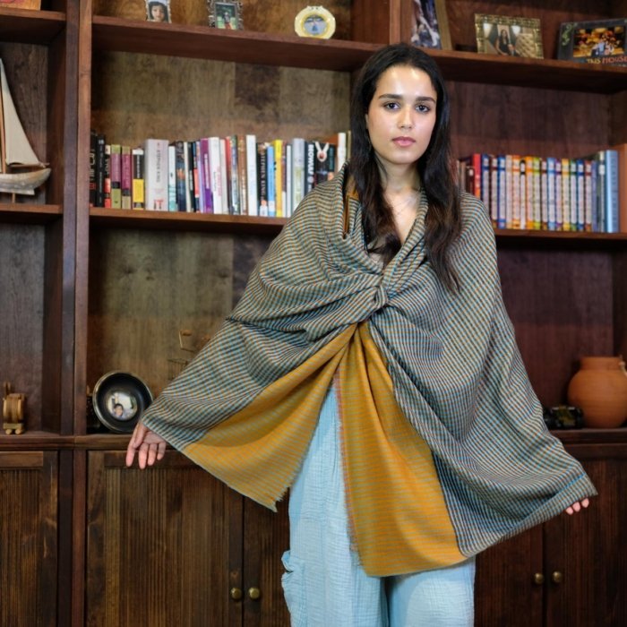 Mustard Black Check Pattern Pashmina Shawl
