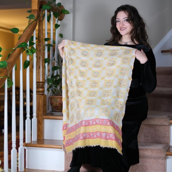 Red & Mustard Jaal Embroidered Pashmina Stole