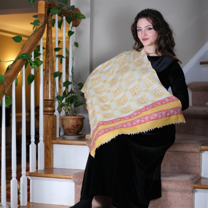 Red & Mustard Jaal Embroidered Pashmina Stole