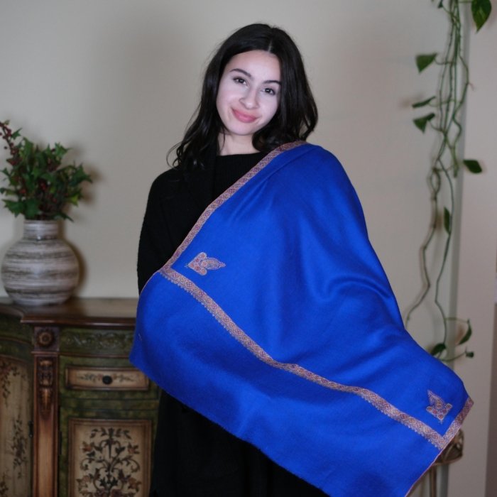 Azure Blue Hand Embroidered Hashidar Pashmina Wrap