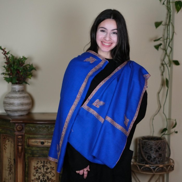 Azure Blue Hand Embroidered Hashidar Pashmina Wrap