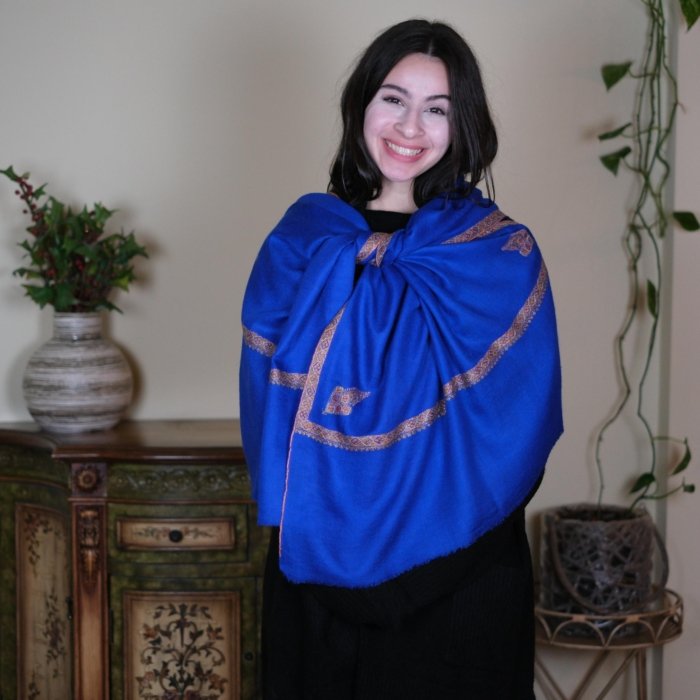Azure Blue Hand Embroidered Hashidar Pashmina Wrap