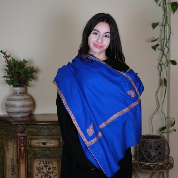 Azure Blue Hand Embroidered Hashidar Pashmina Wrap