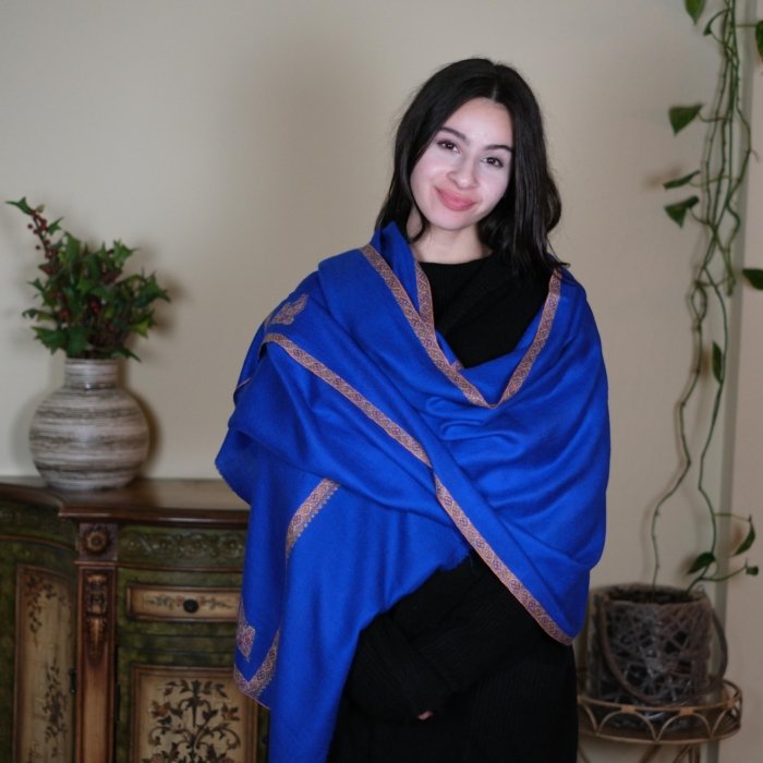 Azure Blue Hand Embroidered Hashidar Pashmina Wrap