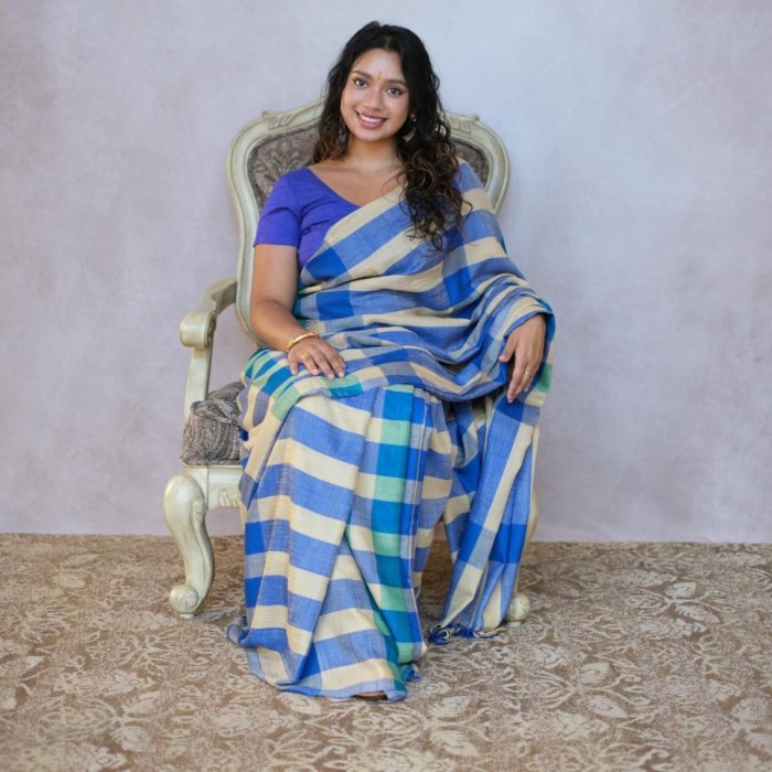 Vibrant Blue Checkered Handwoven Pashmina Saree