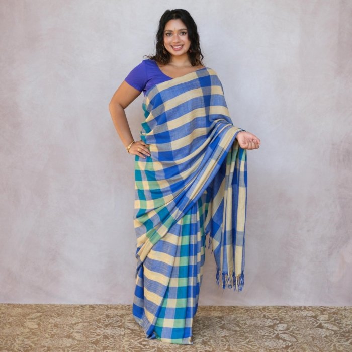 Vibrant Blue Checkered Handwoven Pashmina Saree