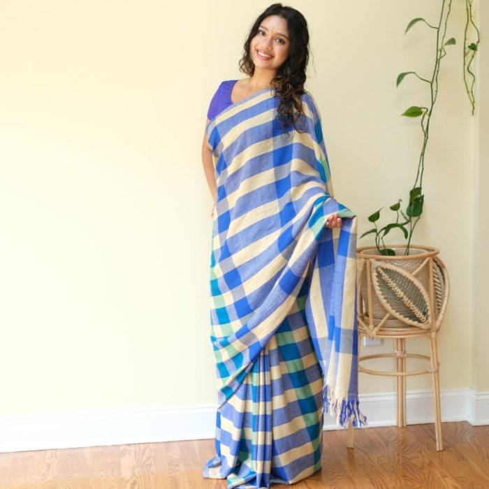 Vibrant Blue Checkered Handwoven Pashmina Saree