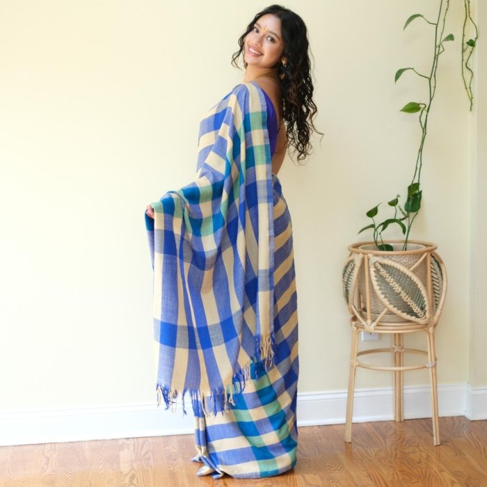 Vibrant Blue Checkered Handwoven Pashmina Saree