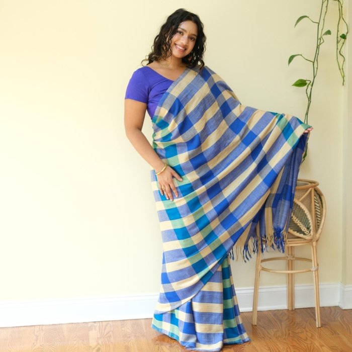 Vibrant Blue Checkered Handwoven Pashmina Saree