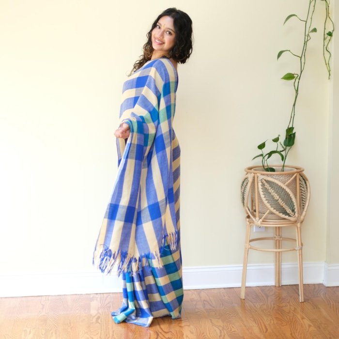 Vibrant Blue Checkered Handwoven Pashmina Saree