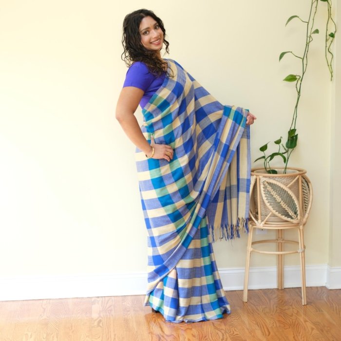 Vibrant Blue Checkered Handwoven Pashmina Saree