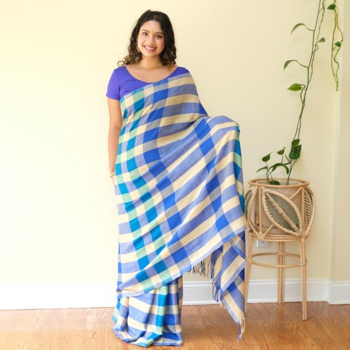 Vibrant Blue Checkered Handwoven Pashmina Saree