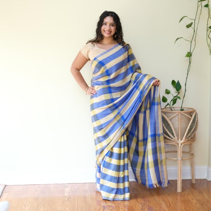 Blue & Yellow Handwoven Check Pashmina Saree