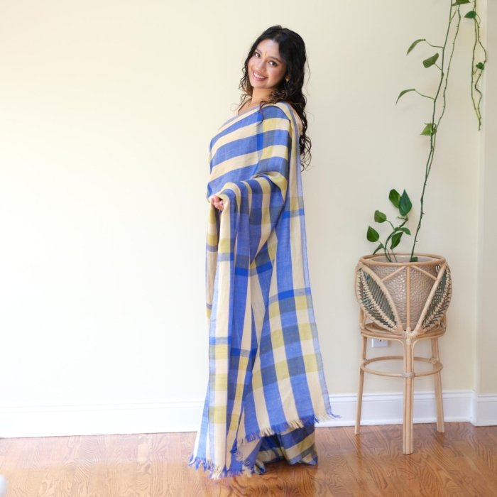 Blue & Yellow Handwoven Check Pashmina Saree