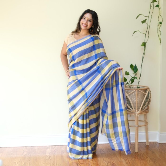 Blue & Yellow Handwoven Check Pashmina Saree