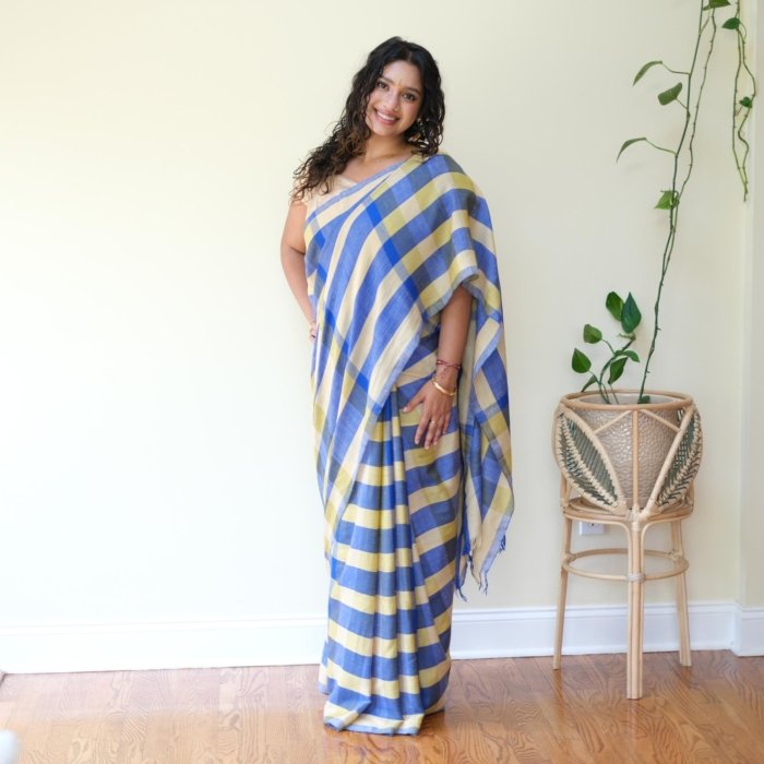 Blue & Yellow Handwoven Check Pashmina Saree