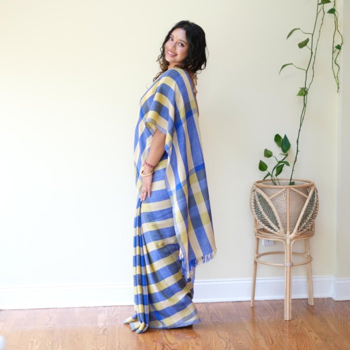 Blue & Yellow Handwoven Check Pashmina Saree