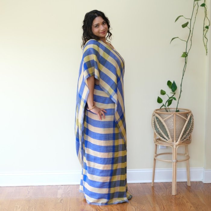 Blue & Yellow Handwoven Check Pashmina Saree
