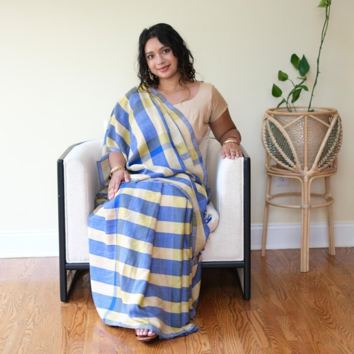 Blue & Yellow Handwoven Check Pashmina Saree