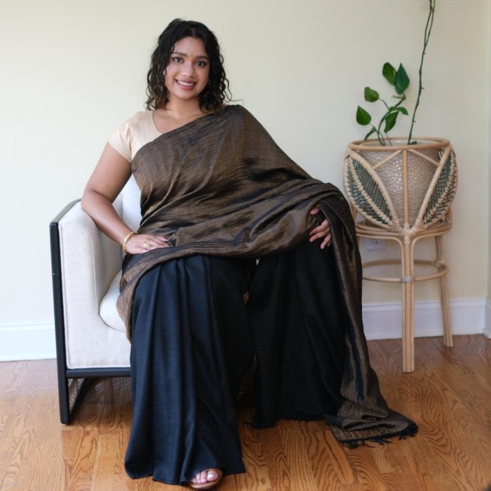 Ladakhy Handwoven Bronze Black Pashmina Saree