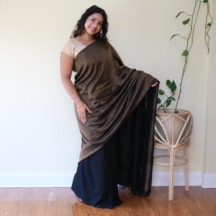 Ladakhy Handwoven Bronze Black Pashmina Saree