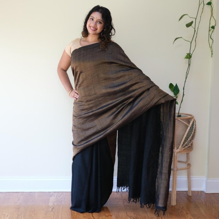 Ladakhy Handwoven Bronze Black Pashmina Saree