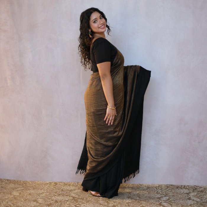Ladakhy Handwoven Bronze Black Pashmina Saree