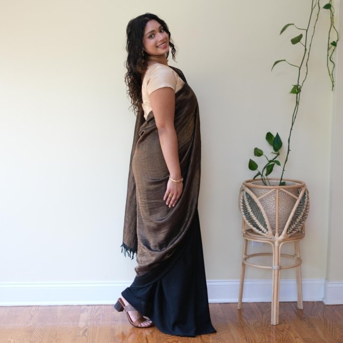 Ladakhy Handwoven Bronze Black Pashmina Saree