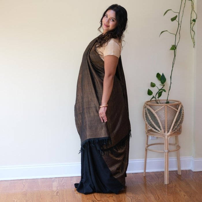 Ladakhy Handwoven Bronze Black Pashmina Saree