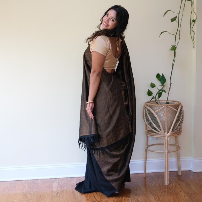 Ladakhy Handwoven Bronze Black Pashmina Saree